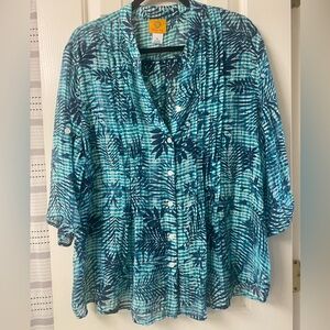 Ruby Rd. Semi Sheer Tropical Leaf Print Roll Tab Button-Up Women's Top Size XL